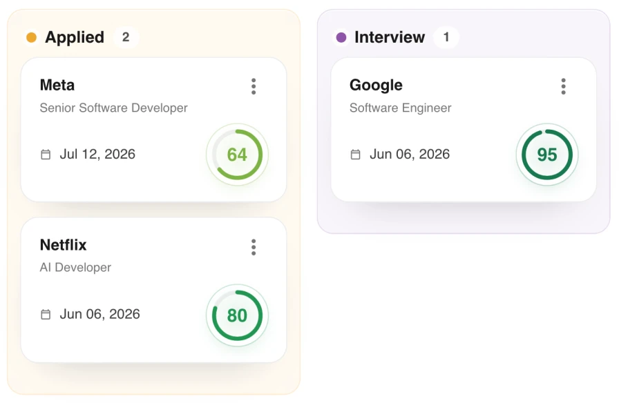 Job tracker board with Applied and Interview columns and match scores