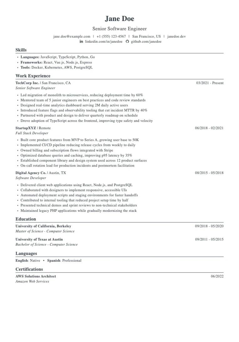 Jake resume template: popular single-column layout trusted by recruiters