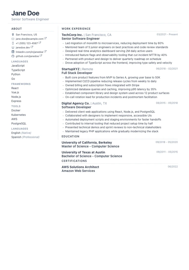 Slate resume template: understated professional layout with clear hierarchy