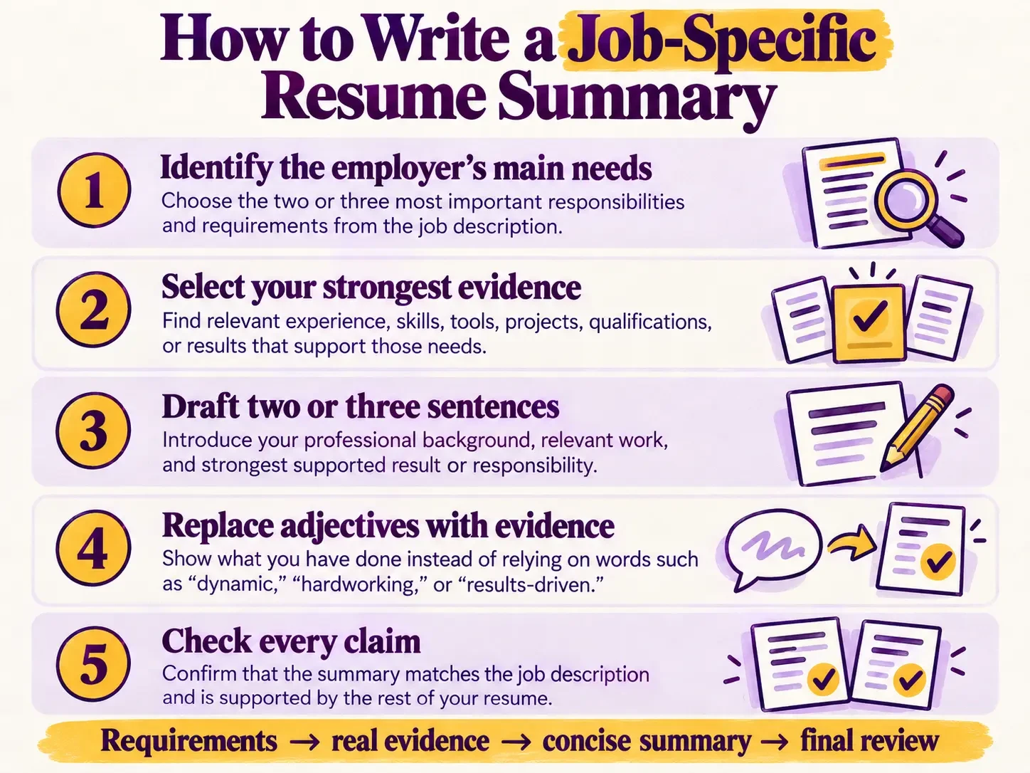 Infographic showing five steps for writing a job-specific CV summary: identify the employer's main needs, select your strongest evidence, draft two or three sentences, replace adjectives with evidence, and check every claim.