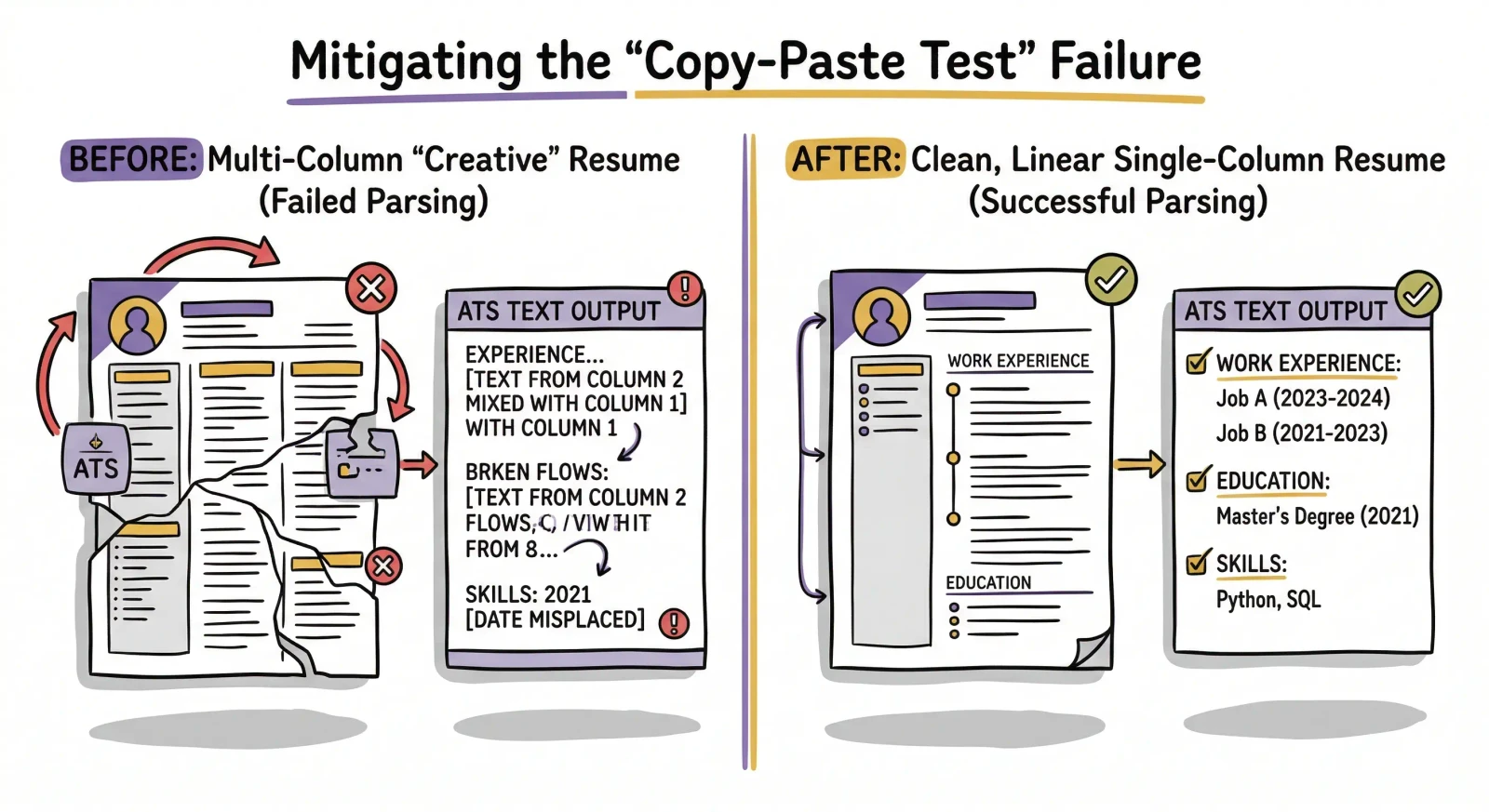 Split-screen comparison of a poorly parsed multi-column resume versus a successfully parsed single-column resume in an ATS.