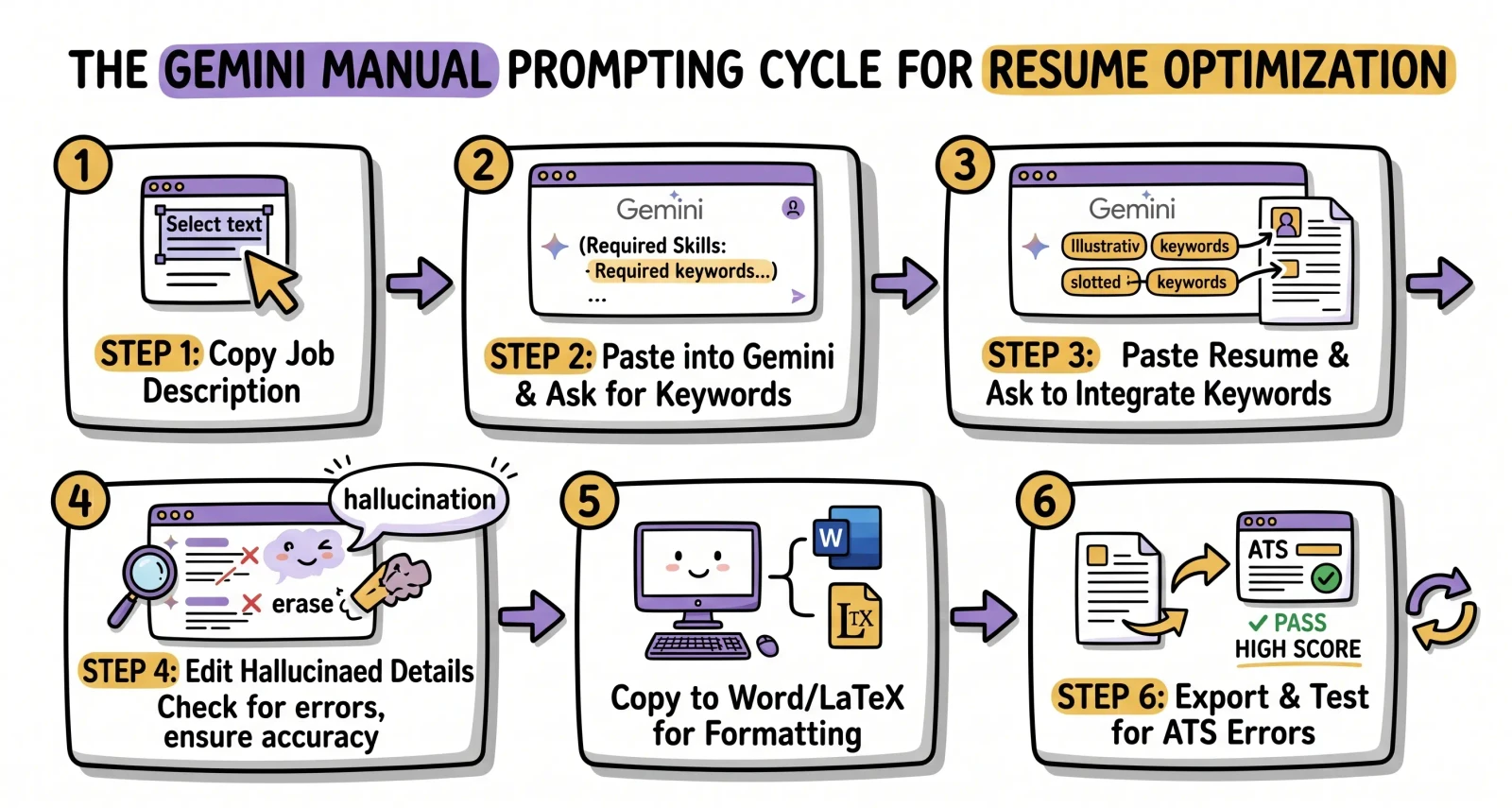Flowchart showing the manual prompting cycle to optimize a resume with Gemini