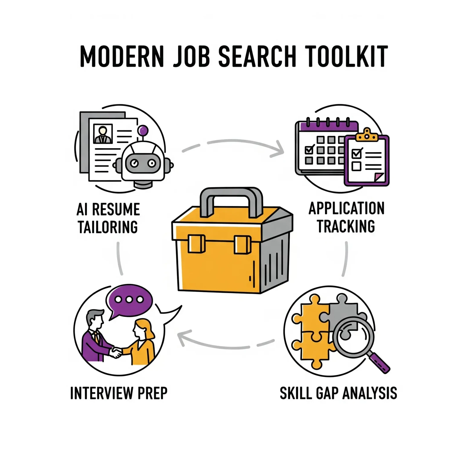An infographic showing the four essential components of a modern job search toolkit: AI resume tailoring, application tracking, interview preparation, and skill gap analysis