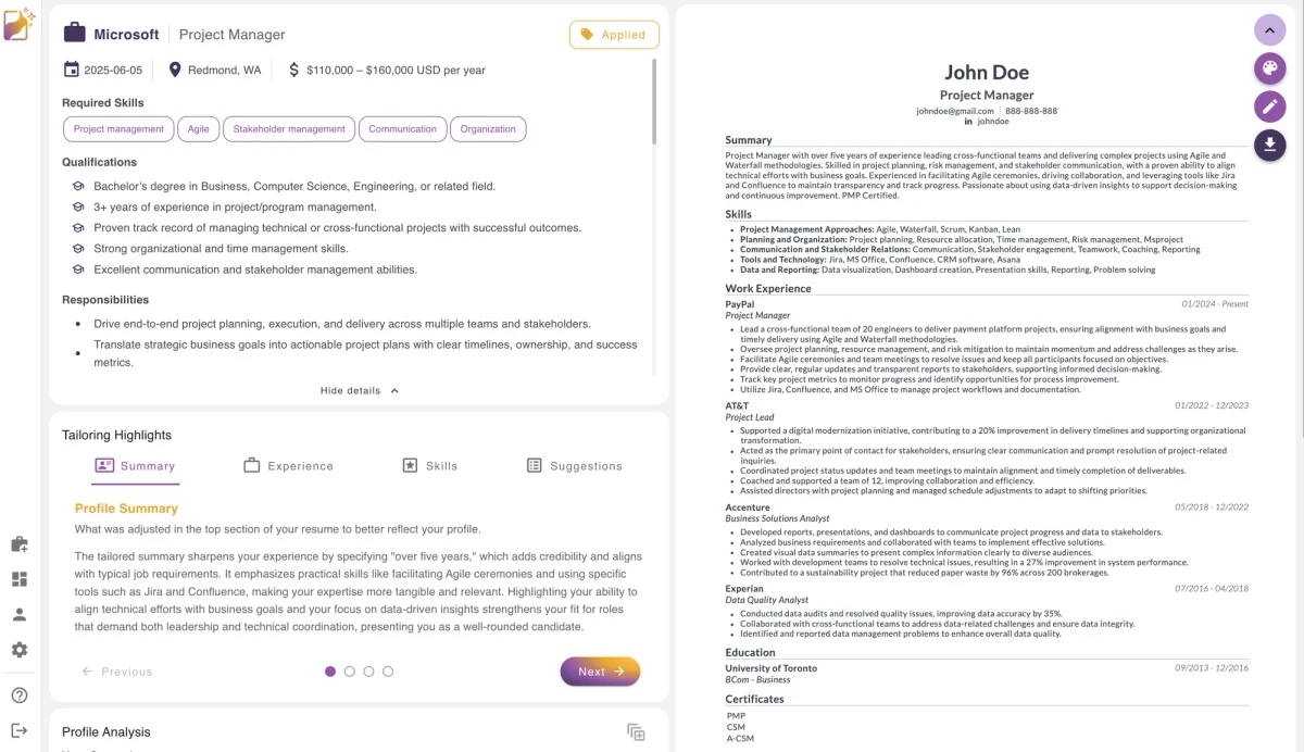 Screenshot of AI resume tailoring with Reztune application