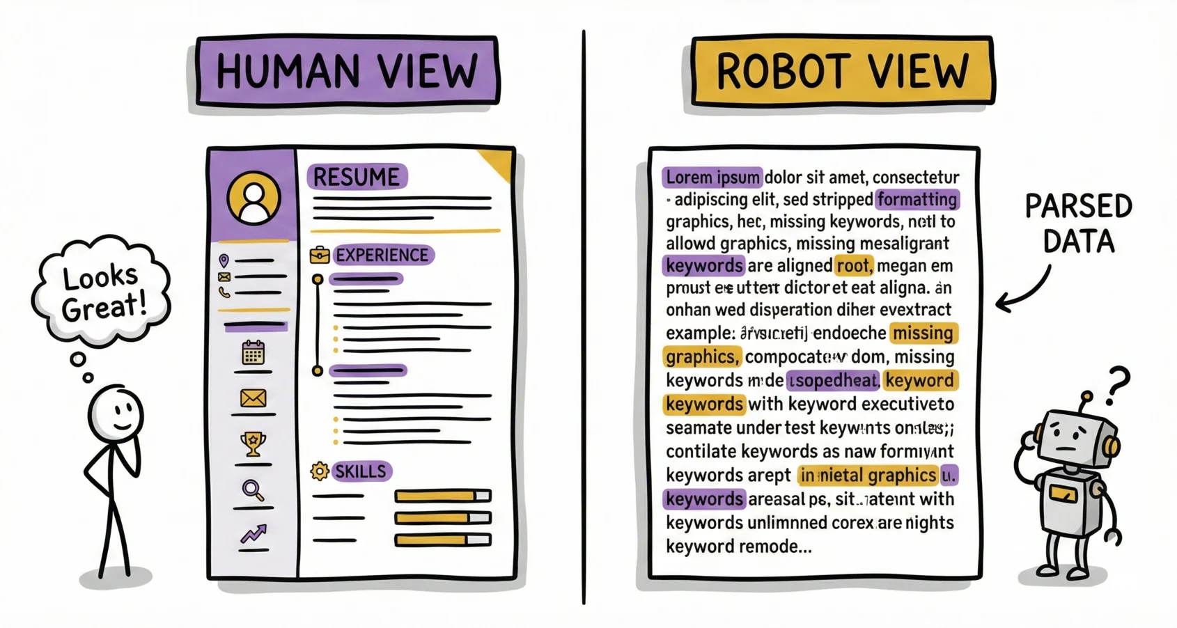 Side-by-side comparison of a visual CV and its broken text version as seen by ATS software.