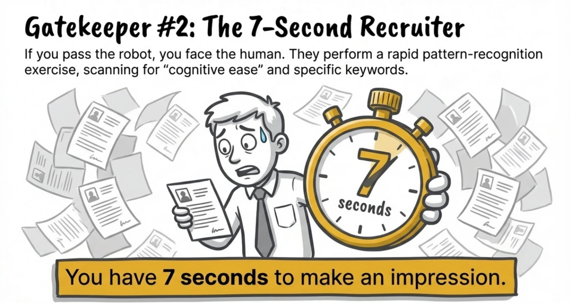 Cartoon illustration depicting a nervous professional holding a CV, surrounded by dozens of falling CVs and a large stopwatch showing 7 seconds. The image explains that Gatekeeper #2: The 7-Second Recruiter performs a rapid scan for cognitive ease and keywords, emphasizing that successful CV tailoring must also ensure the document is scannable and visually clear for the human reviewer.