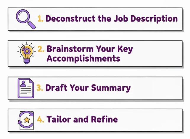 An infographic showing the four steps to writing a targeted CV summary: 1. Deconstruct the Job Description, 2. Brainstorm Your Key Accomplishments, 3. Draft Your Summary, 4. Tailor and Refine.