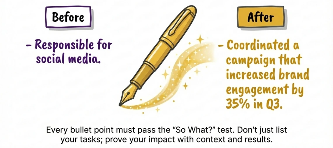 Illustration showing a Before and After example for a CV bullet point, separated by a magical golden fountain pen. The Before point is weak: Responsible for social media. The After point is strong and results-oriented: Coordinated a campaign that increased brand engagement by 35% in Q3. This demonstrates the necessity of using the So What test when CV tailoring to prove impact and quantify achievements instead of just listing responsibilities.