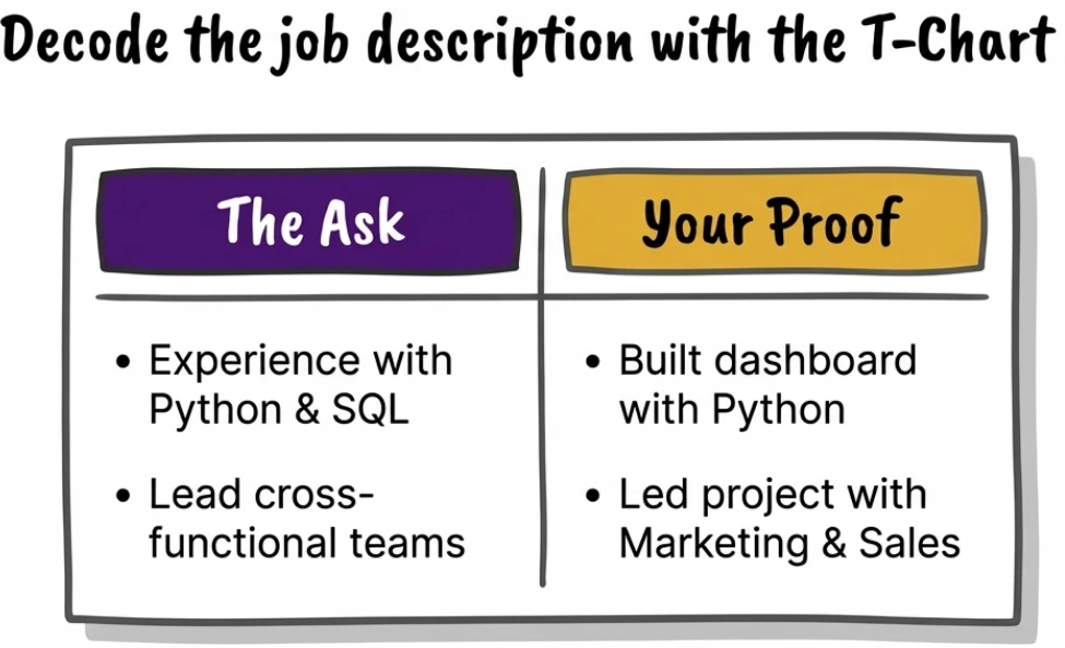 Illustration of a T-Chart divided into two columns: The Ask and Your Proof. Examples show how to match job description requirements (like Experience with Python and SQL) with evidence from your experience (like Built dashboard with Python). This visualization demonstrates a critical step in CV tailoring: systematically decoding the job description and mapping your relevant proof to each requirement.