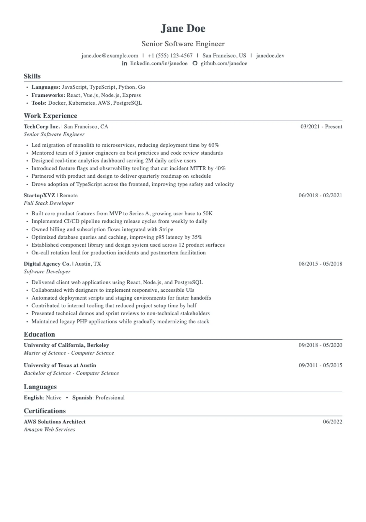 Jake resume template: popular single-column layout trusted by recruiters