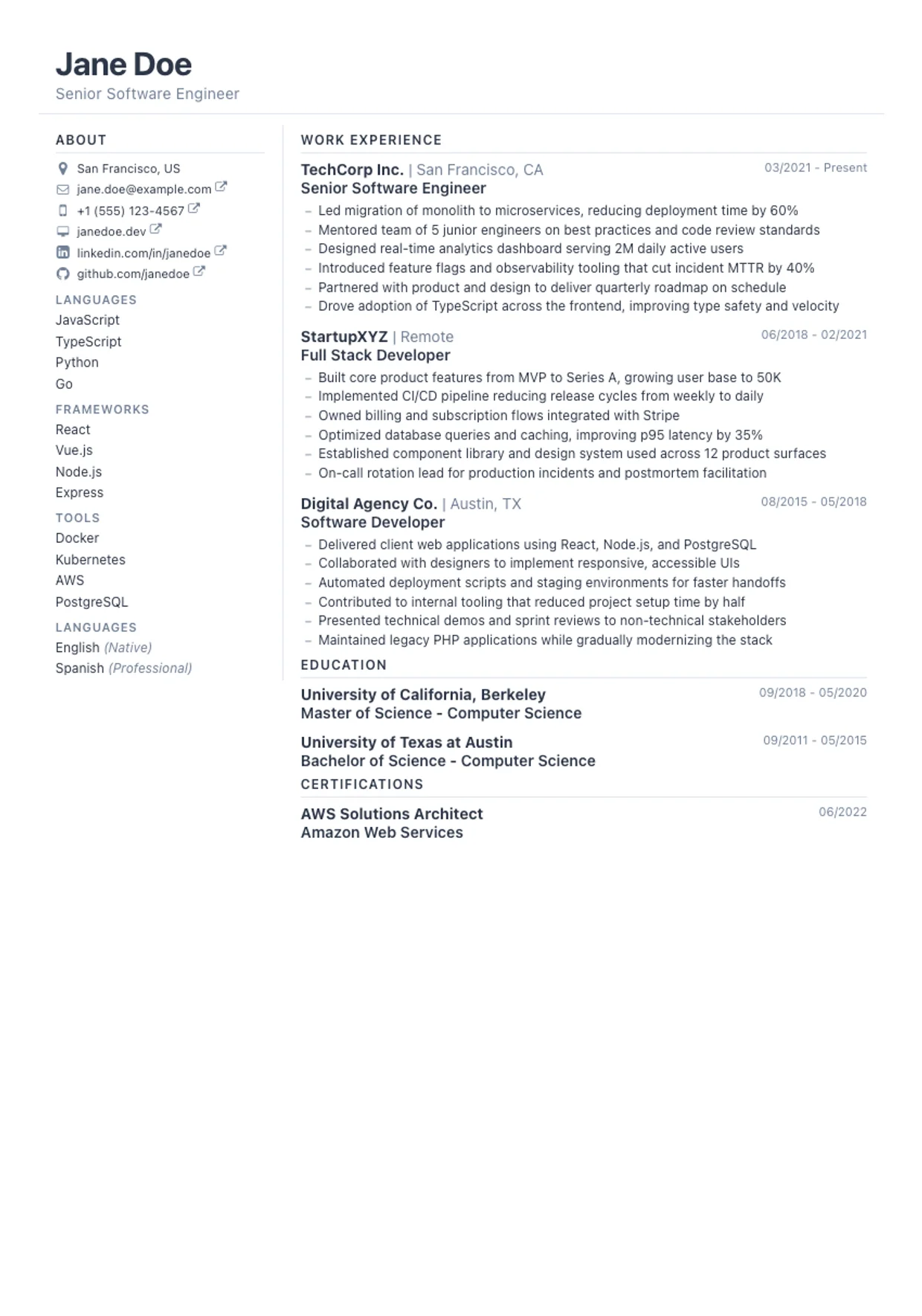 Slate resume template: understated professional layout with clear hierarchy