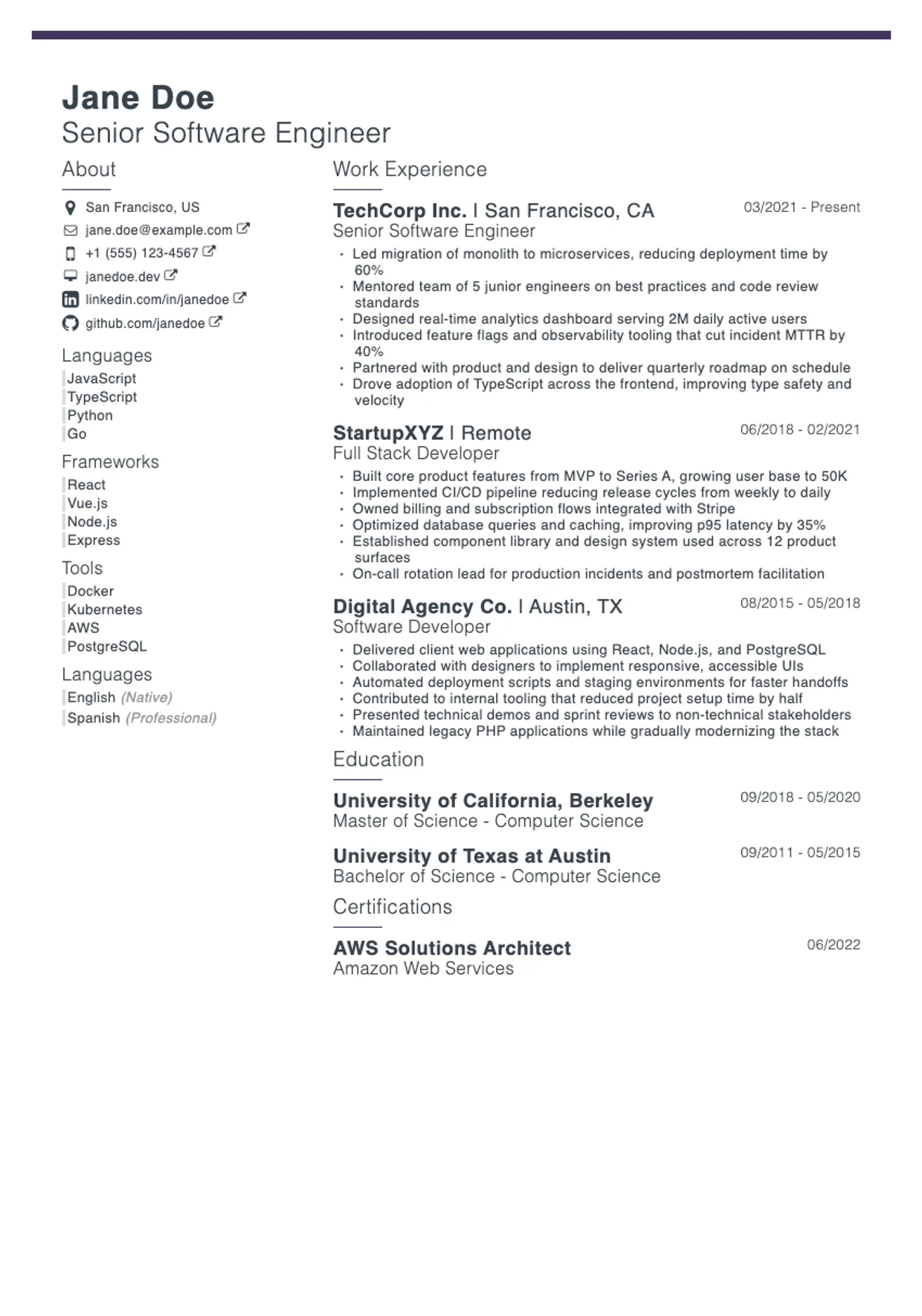 Solar resume template: bold contemporary two-column design